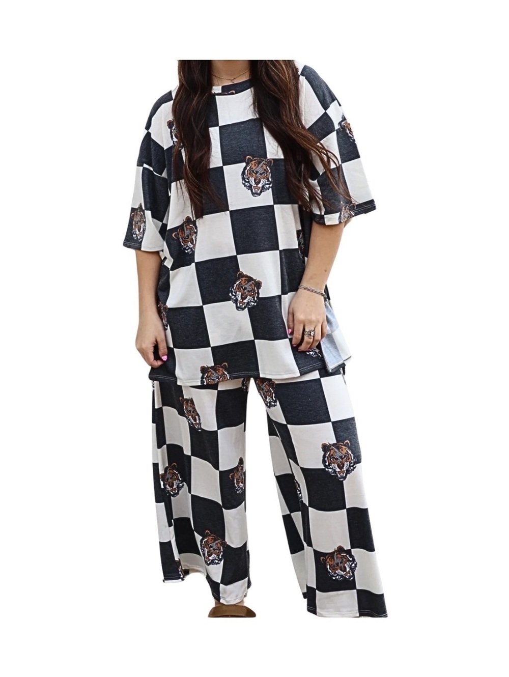Boutique Black and White Checkered Tiger Two Piece Matching Set